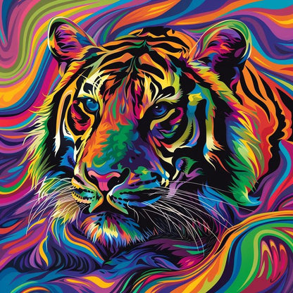Diamond painting af en farverig og abstrakt tiger. Fås i flere størrelser.