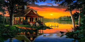 Diamond painting af et lille hus ud til en sø i solnedgang. Hunde og ænder i vandkanten.