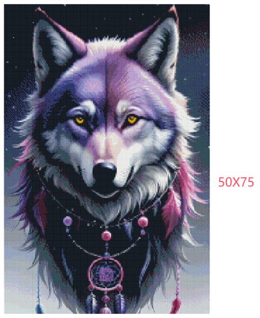 Diamond painting af en ulv i lilla nuancer med drømmefanger om halsen. Mål: 50X75 cm.