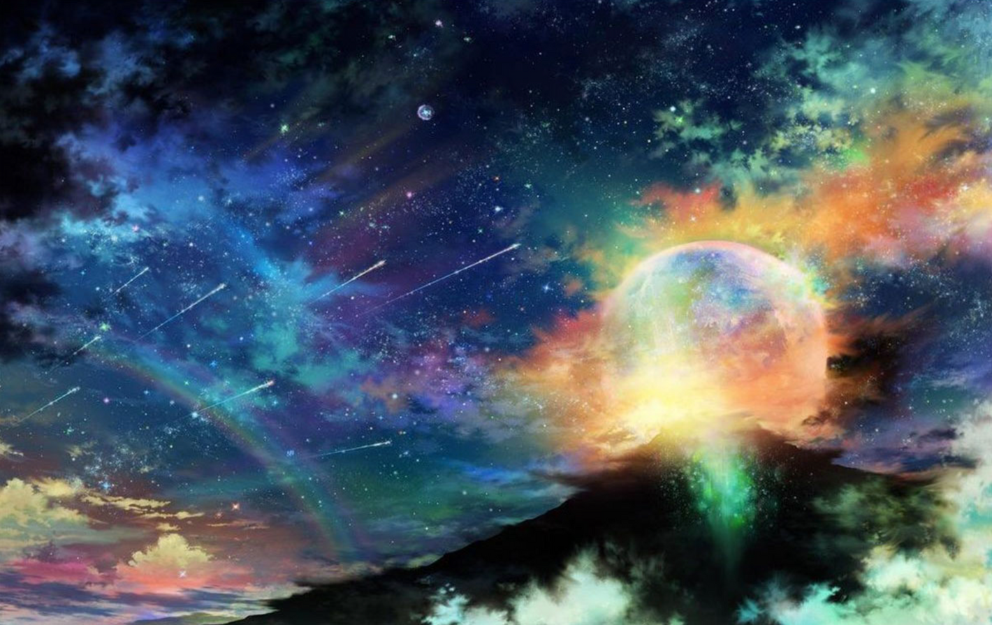 Diamond painting af en nattehimmel fyldt med stjerneskud og fuldmånen.