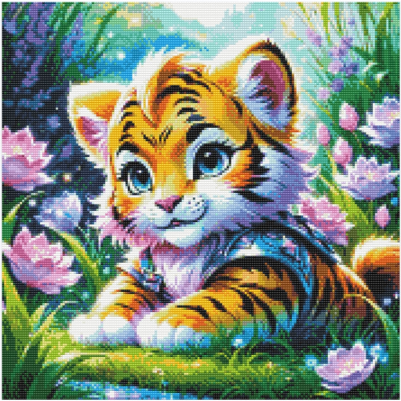 Diamond painting af en lille tigerunge med store øjne. Omgivet af lilla og lyserøde blomster. Udkast med perler.