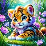 Diamond painting af en lille tigerunge med store øjne. Omgivet af lilla og lyserøde blomster.