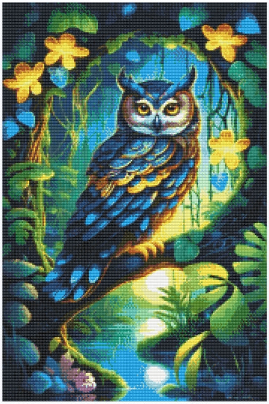 Diamond painting af en ugle omgivet af grønne grene og farverige blomster.