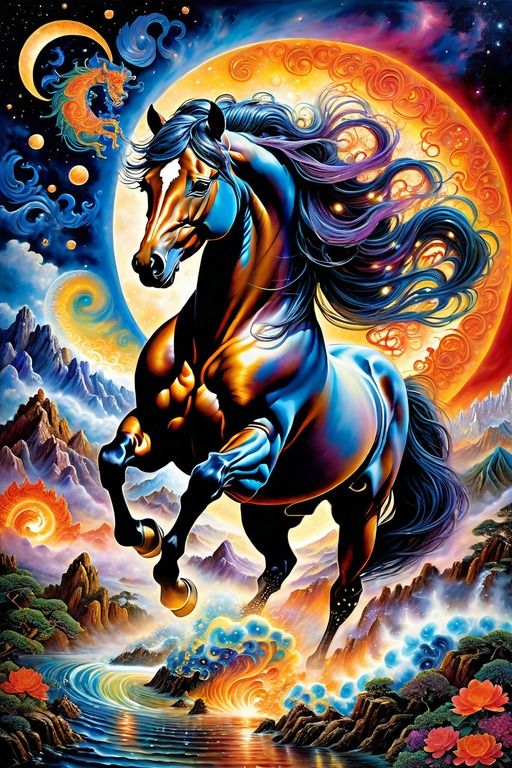 Diamond painting af en hest i løb i eventyrligt landskab. Orange, blå og brune farver.