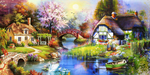 Diamond painting af en lille landsby ved bækken omgivet af skov.
