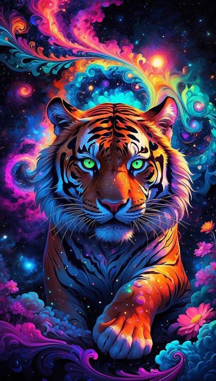 Farverigt diamond painting af tiger med intense grønne øjne omgivet af eventyrlige omgivelser. Ab-sten.