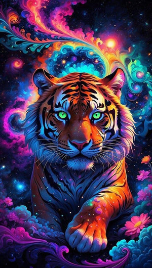 Farverigt diamond painting af tiger med intense grønne øjne omgivet af eventyrlige omgivelser. Ab-sten.