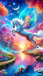 Diamond painting af en hvid enhjørning med farverige vinger, der springer over en flod. AB-sten og Fairy Dust perler.