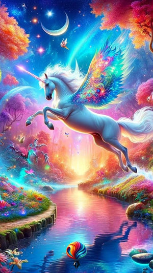 Diamond painting af en hvid enhjørning med farverige vinger, der springer over en flod. AB-sten og Fairy Dust perler.