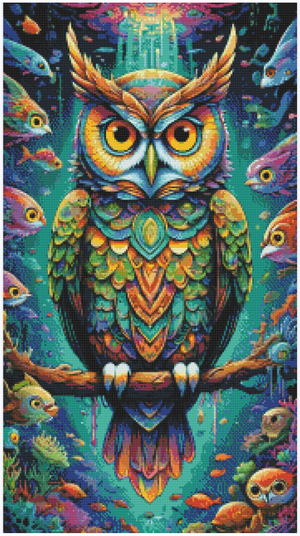 Diamond painting med farverig ugle i et fantasifuldt undervandsunivers. Layoutversion.