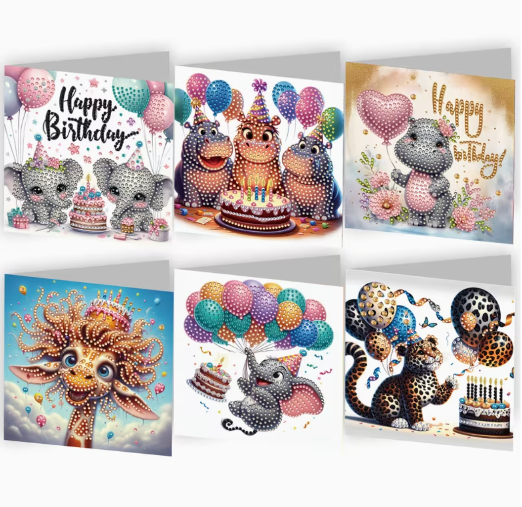 Diamond painting fødselsdagskort med søde og sjove dyr. Hvid baggrund.