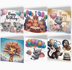 Diamond painting fødselsdagskort med søde og sjove dyr. Hvid baggrund.