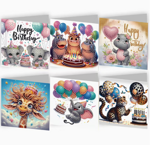 Diamond painting fødselsdagskort med søde og sjove dyr. Hvid baggrund.