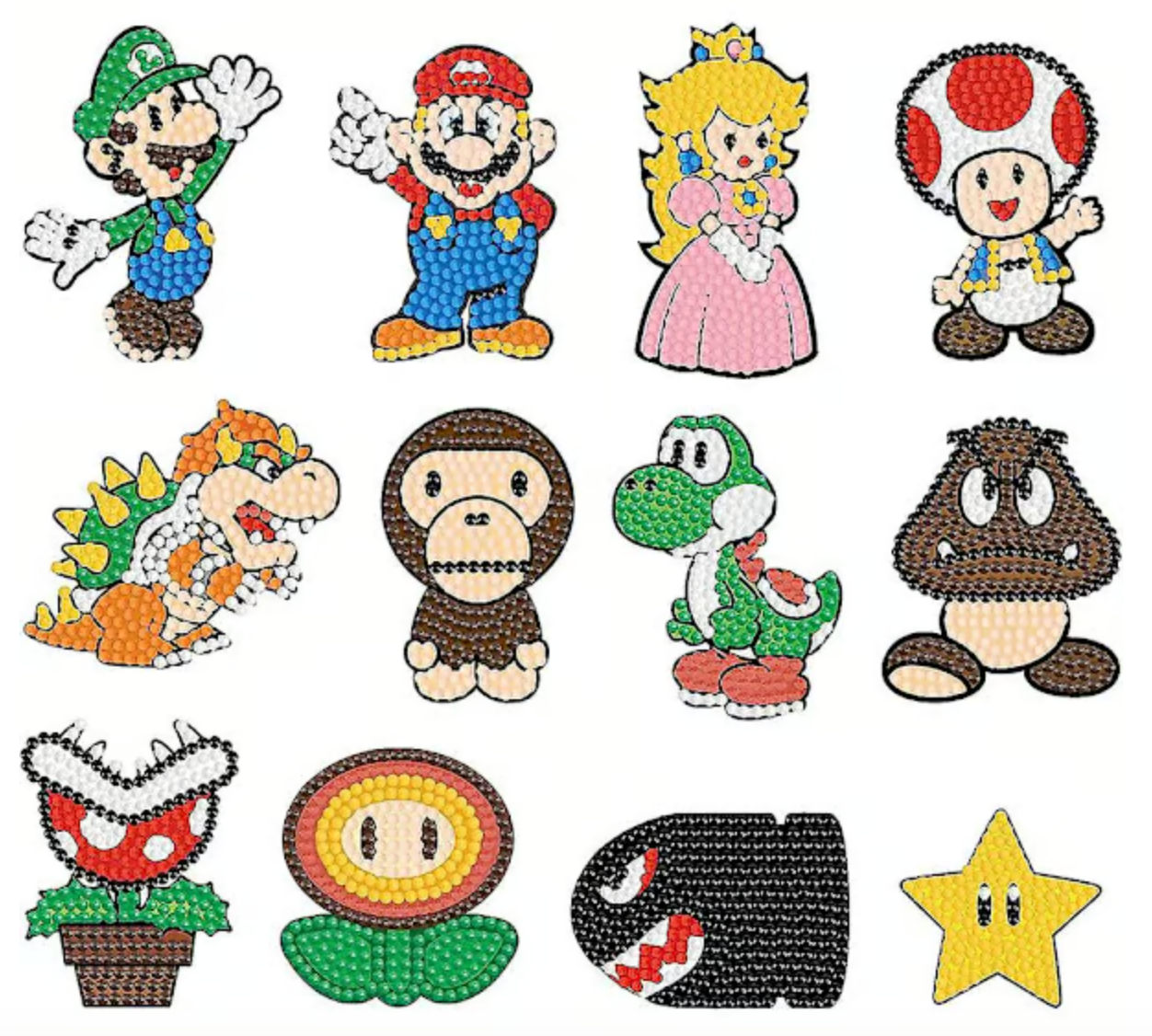 Diamond painting med Super Mario og venner. 12 forskellige farverige figurer.