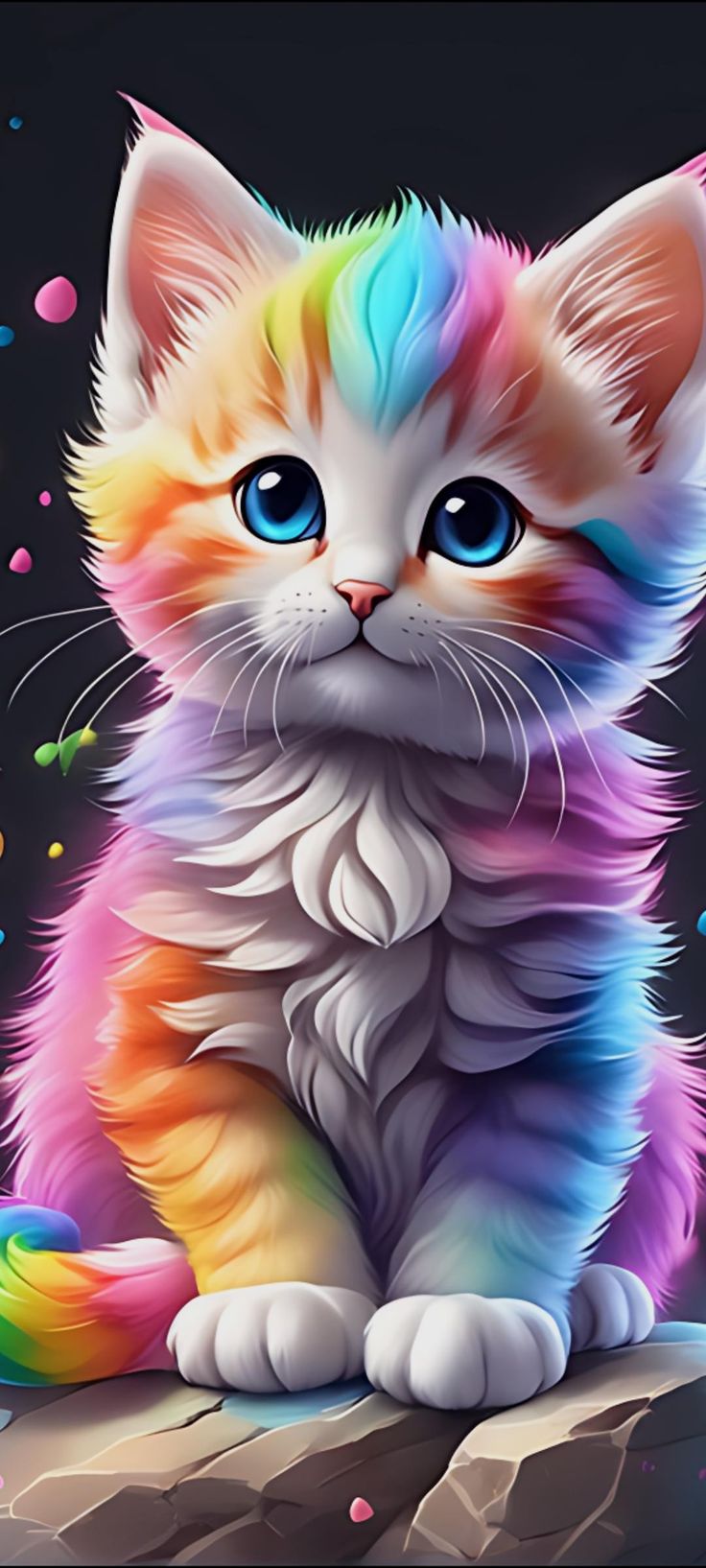 Diamond painting med regnbuefarvet kattekilling. AB-sten og Fairy Dust perler.