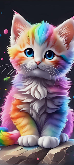 Diamond painting med regnbuefarvet kattekilling. AB-sten og Fairy Dust perler.