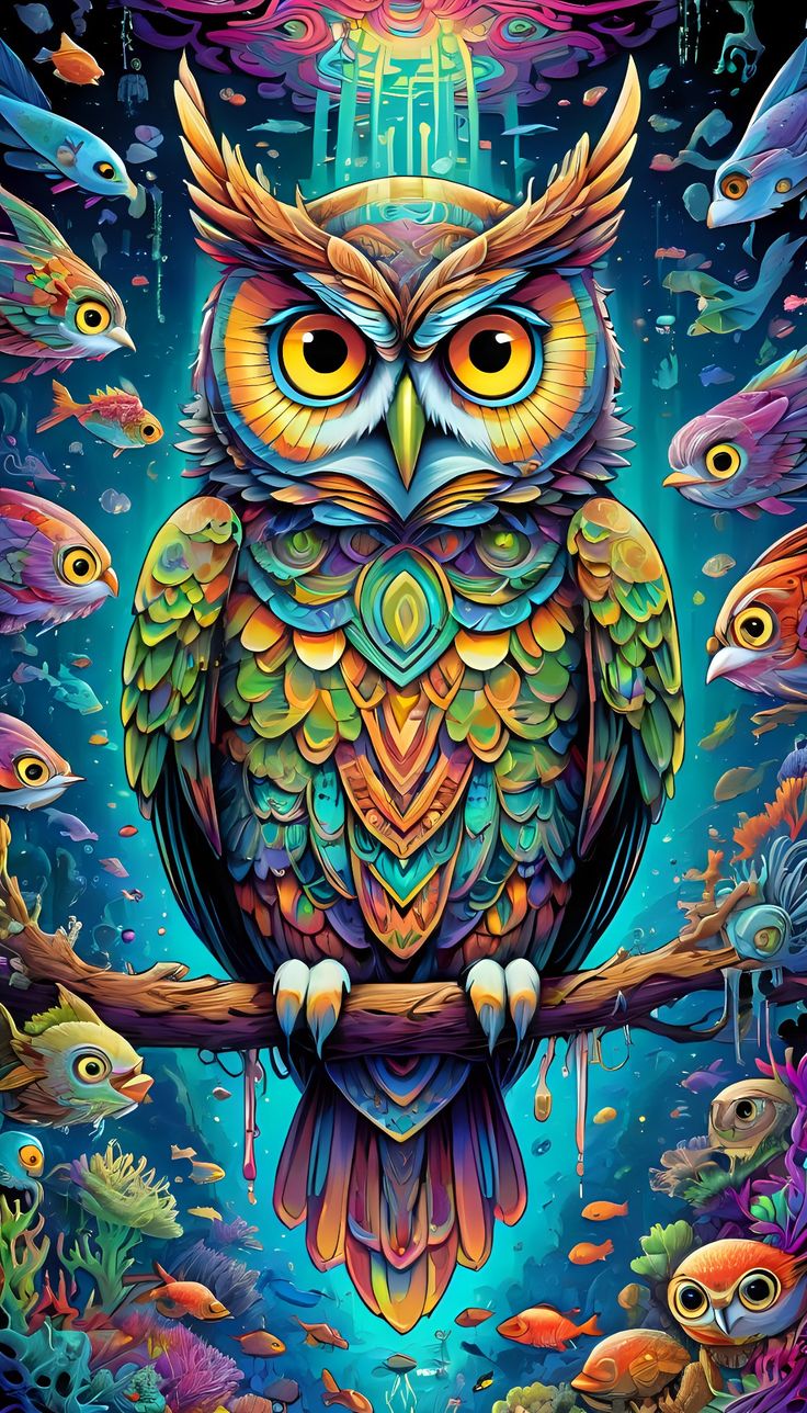 Diamond painting med farverig ugle i et fantasifuldt undervandsunivers.