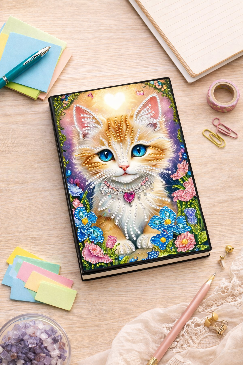 Notesbog i læder med orange og hvid kat på forsiden. Diamond painting.