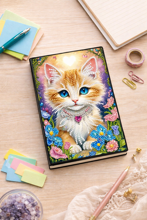 Notesbog i læder med orange og hvid kat på forsiden. Diamond painting.