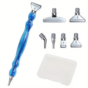 Blå Diamond painting pen med udskiftelige tipper i metal. Voks medfølger.