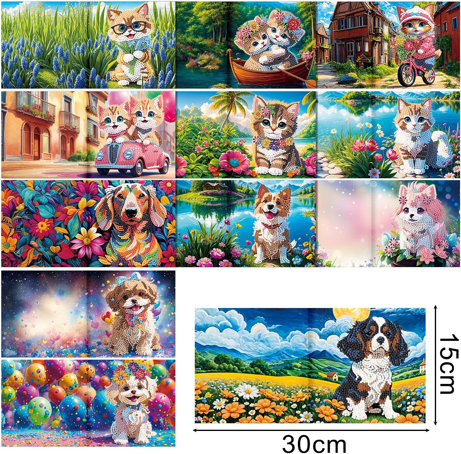 Diamond painting kort. 12 stk med forskellige motiver af katte og hunde. Måler 30X15 cm. Foldbare.