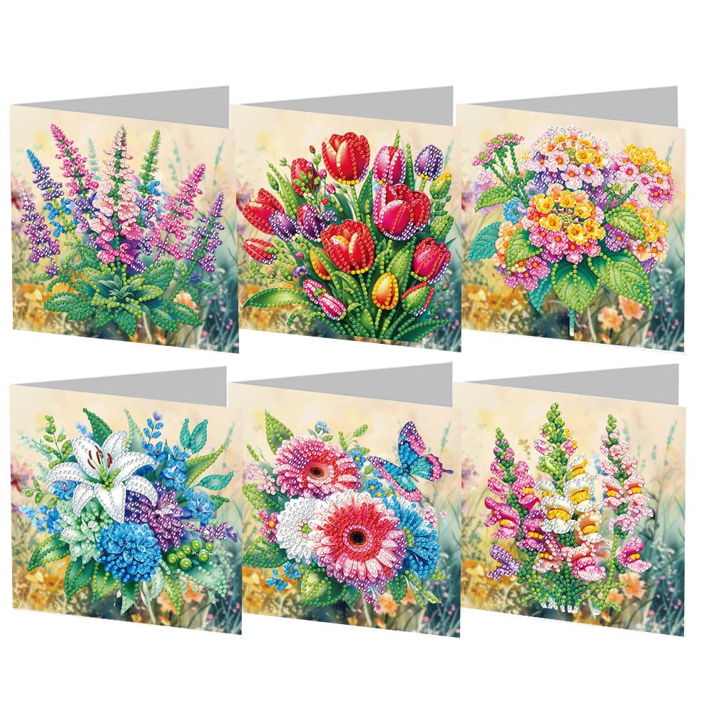 Diamond painting kort med forskellige blomsterbuketter. 6 stk foldbare kort.