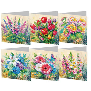 Diamond painting kort med forskellige blomsterbuketter. 6 stk foldbare kort.