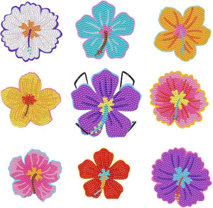 Diamond painting bordskånere med farverige blomster. 10 forskellige motiver med praktisk holder.