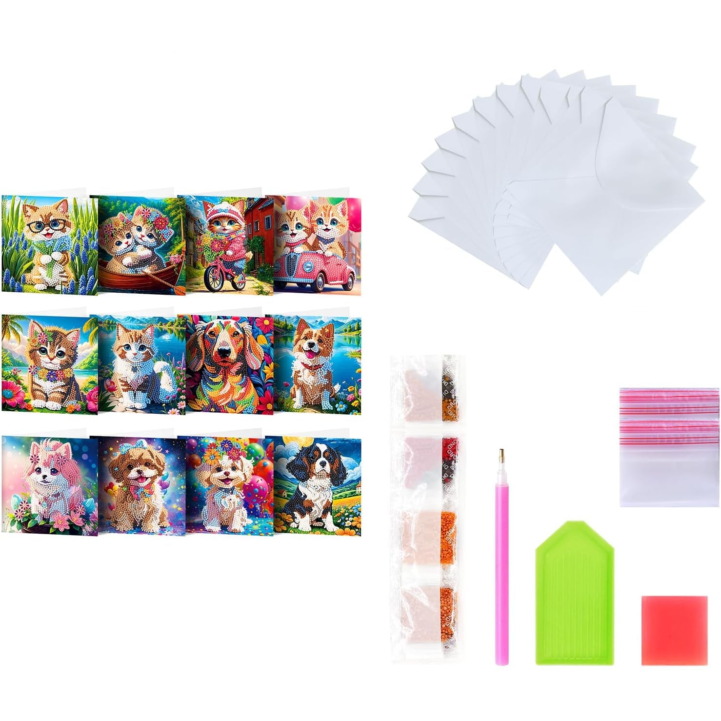 Diamond painting kit med 12 forskellige kort med hvide kuverter. Motiver af katte og hunde.