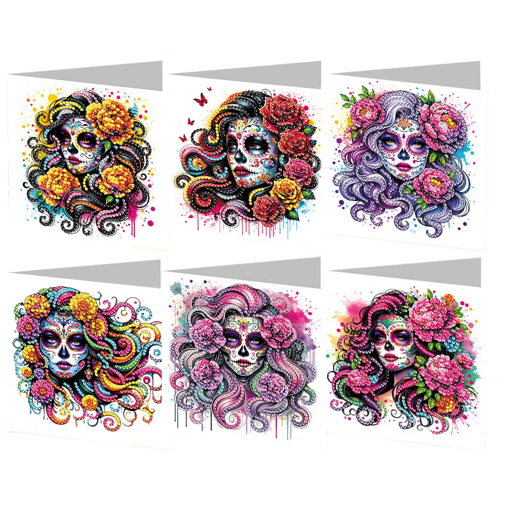 6 stk diamond painting kort med kvinder malet som sugar skulls med farverigt hår.
