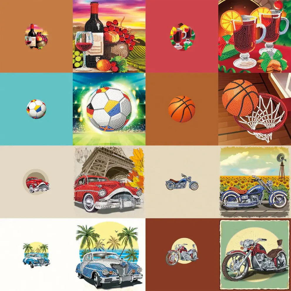 8 stk. diamond painting kort med blandede motiver: Bolde, biler, motorcykler og drinks i solen.