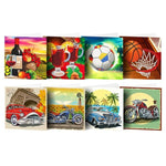 Diamond painting kort. 8 stk med blandede motiver: Bolde, biler, motorcykler og drinks i solen.