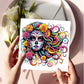 Diamond painting kort med kvinde malet med sugar skull og flerfarvet hår. Hvid baggrund. 