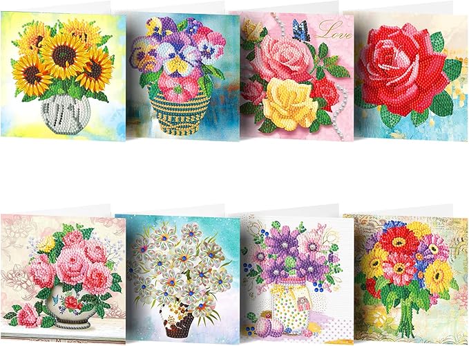 Diamond painting kort med blomsterbuketter. 8 forskellige motiver på sammenfoldelige kort.