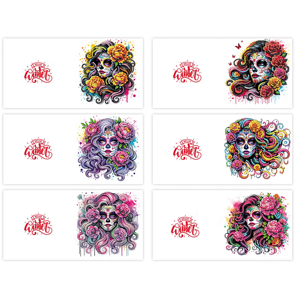 Diamond painting kort med 6 forskellige kvinder, der er dekoreret med sugar skulls og farverigt hår.