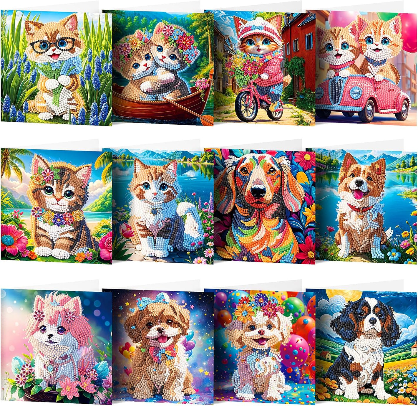 Diamond painting kort. 12 forskellige kort med hunde og katte. Foldbare i 15X30 cm.