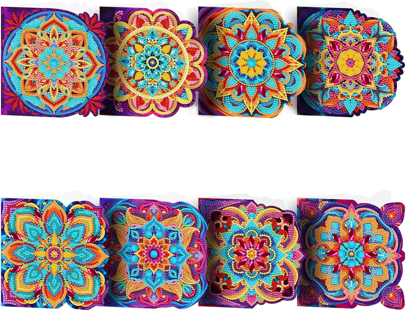 8 stk. diamond painting kort med farverige mandalamønstre. Foldbare.