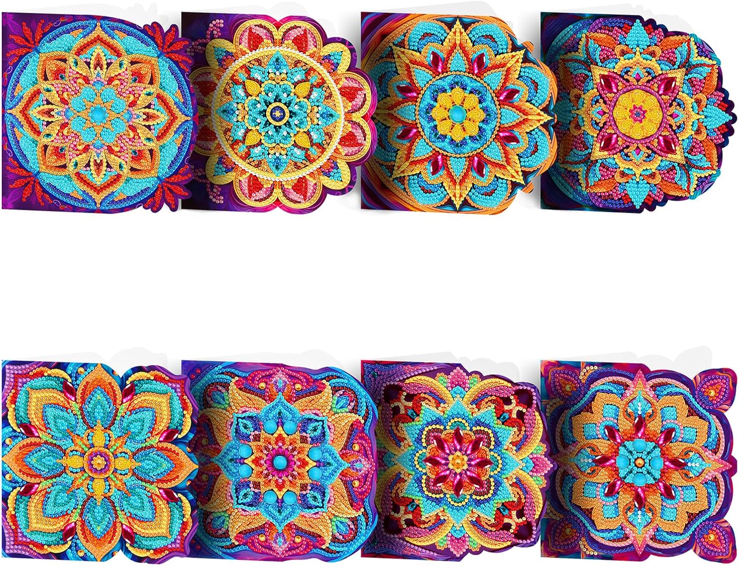 8 stk. diamond painting kort med farverige mandalamønstre. Foldbare.