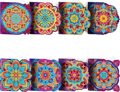 8 stk. diamond painting kort med farverige mandalamønstre. Foldbare.