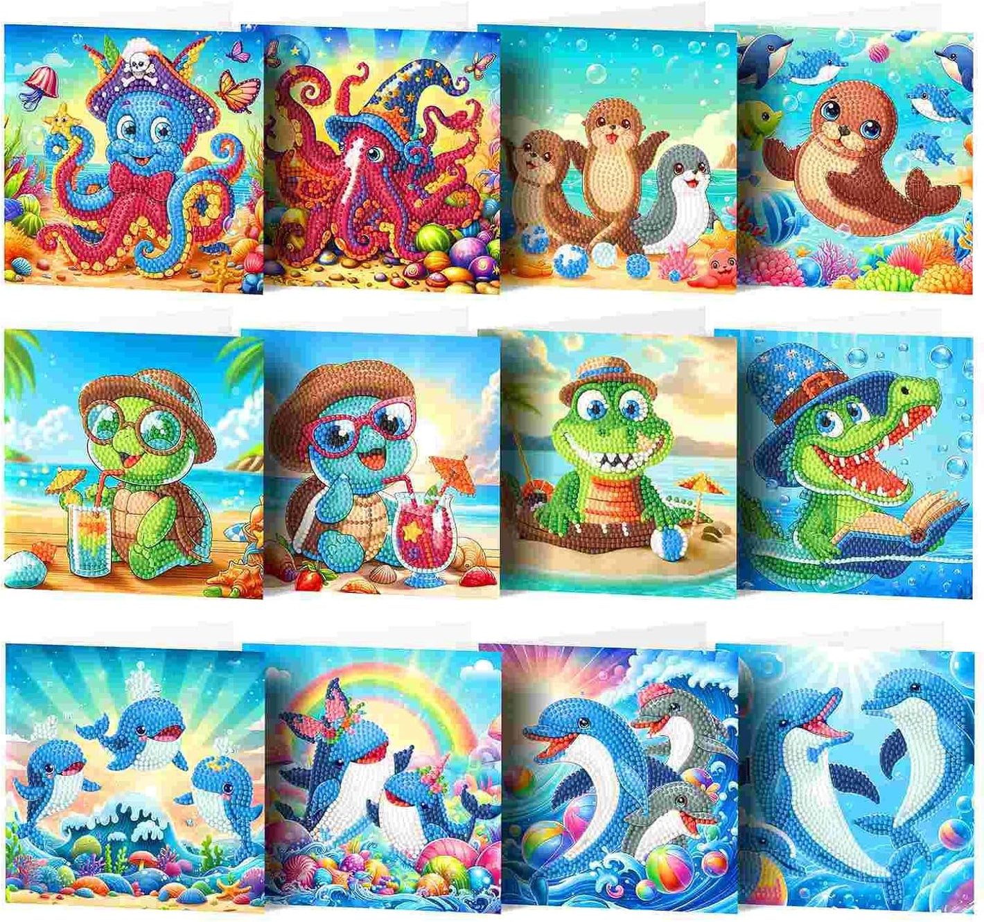 12 stk diamond painting kort med sjove og søde havdyr. Delfiner, skildpadder, krokodiller m.m.