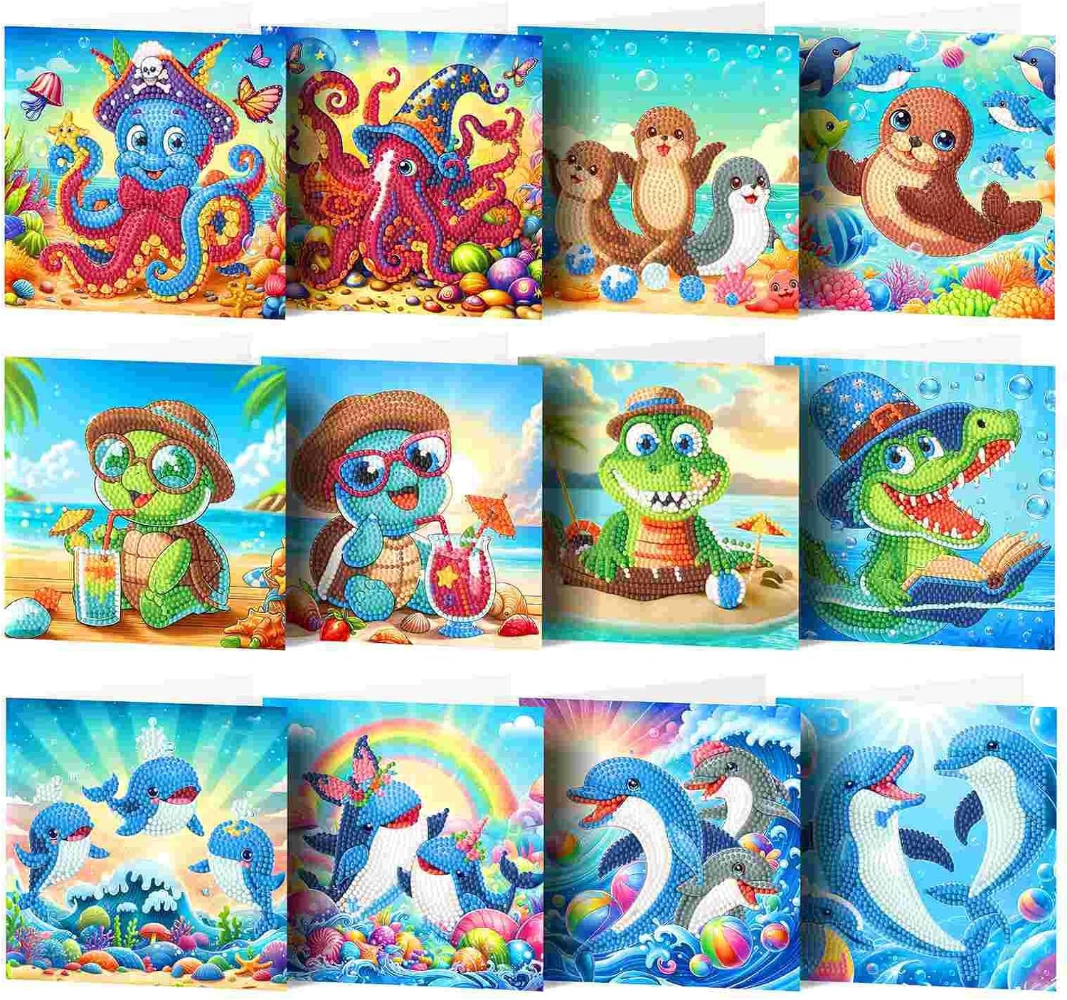 12 stk diamond painting kort med sjove og søde havdyr. Delfiner, skildpadder, krokodiller m.m.