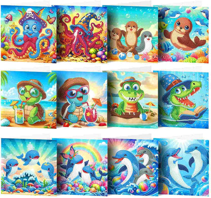 12 stk diamond painting kort med sjove og søde havdyr. Delfiner, skildpadder, krokodiller m.m.