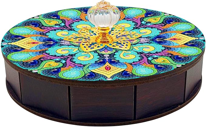 Diamond painting skrin med mandala i blå, grønne og gyldne farver.