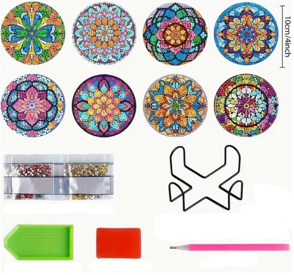 Diamond paint drikkebrikker med farverige mandalamønstre. 8 forskellige med holder.