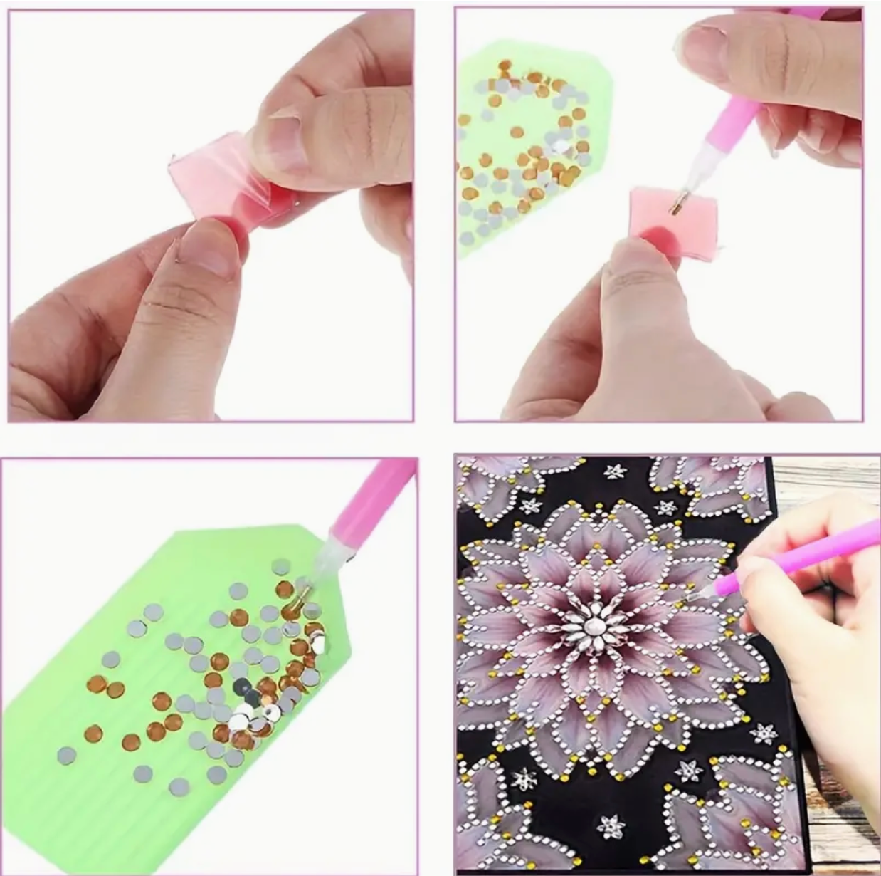 Notesbog med lyserød blomst. Diamond painting. Viser hvordan man gør.