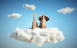 Diamond paint af en elefant og en giraf siddende med ryggen til på en hvid sky med den lyseblå himmel som baggrund.