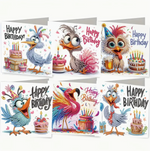 Diamond paint kort med sjove fugle på hvid baggrund. 6 forskellige motiver.