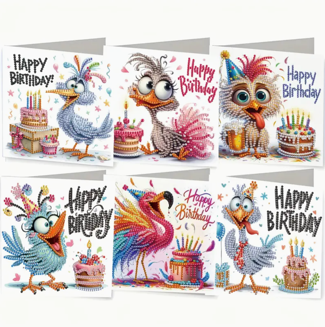 Diamond paint kort med sjove fugle på hvid baggrund. 6 forskellige motiver.