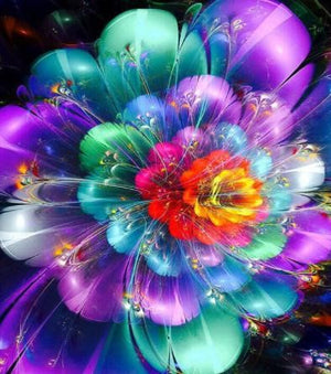 Diamond paint af en farvirig illumineret blomst. Lilla og turkis er dominerende farver.