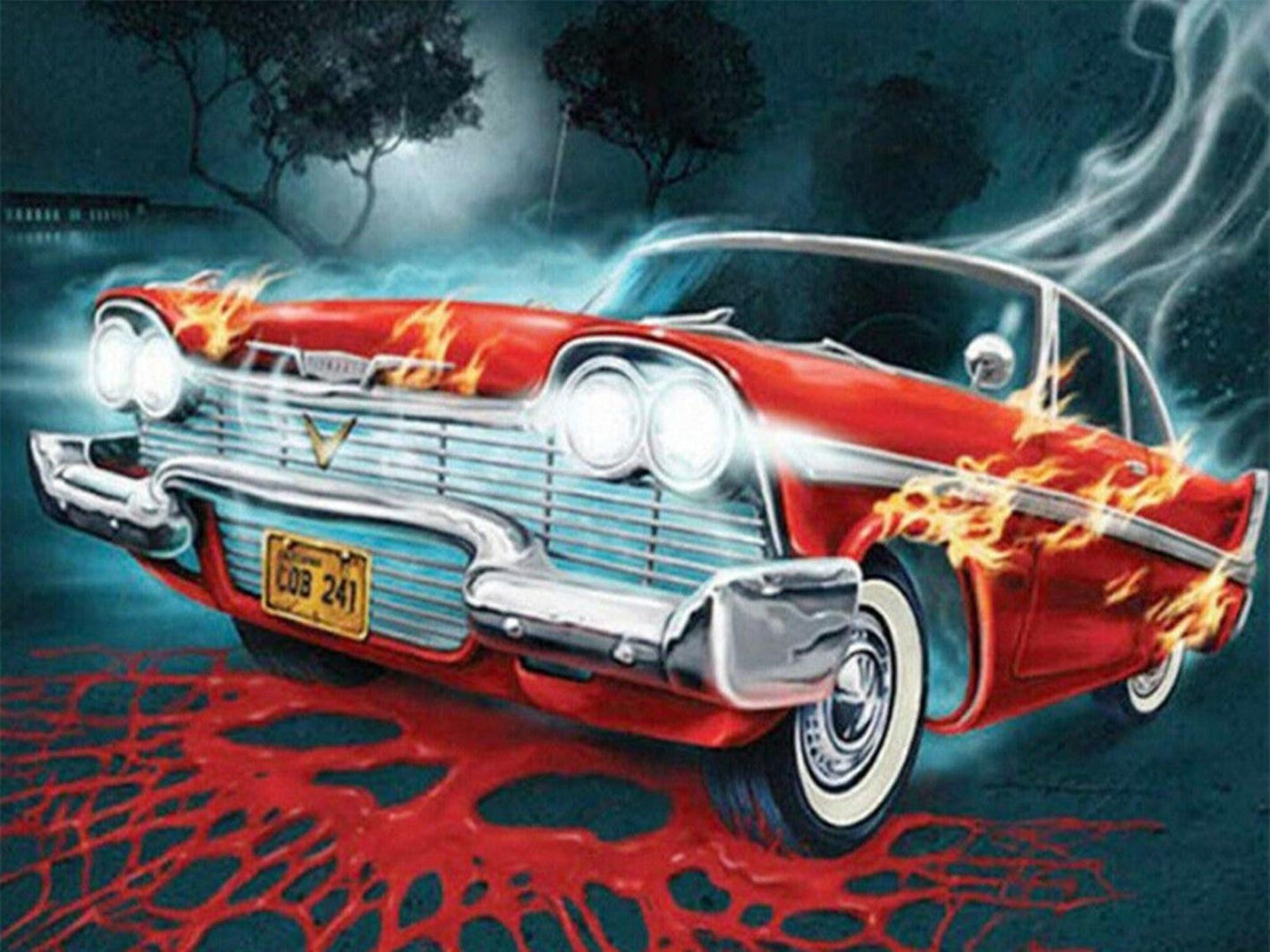 Diamond paint af rød klassisk amerikanerbil. Bilen er i flammer og baggrunden er dyster.